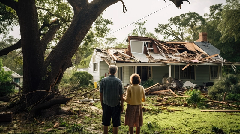 Couple Looking at broken house due to a natural disaster