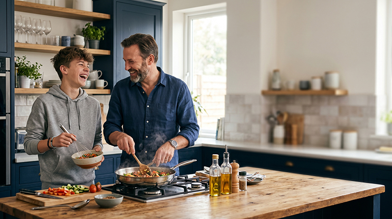 Father cooking dinner with teenage son