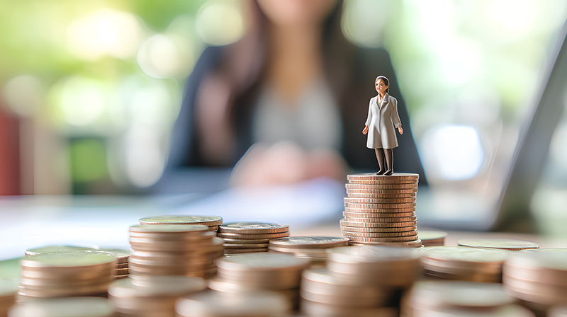 Woman figurine on top of stack of coins