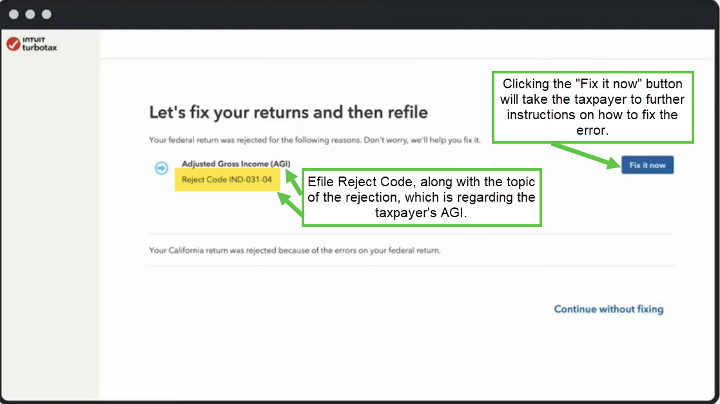 screenshot of turbotax showing an efile rejection code